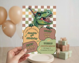 May include: A dinosaur-themed birthday invitation with a green T-Rex illustration. The invitation includes the text "A Dino-Mite Celebration," "Jacob's 6th Birthday," RSVP details, and party information. The background features a checkered pattern.