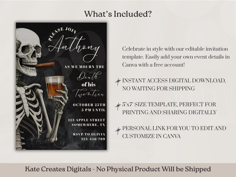 RIP 20s Invitation for Him, Men Death to my Youth Invite Cigar, Gothic  Funeral 30th Birthday Invitation, Death To My Youth, Canva Template