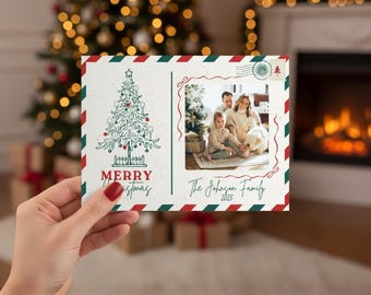 Christmas Card Template, Vintage Christmas Postcard, Family Photo Happy Holidays Card, Merry Christmas Editable Canva Template