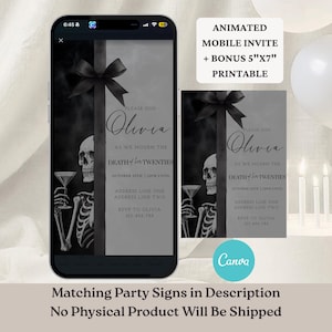 Op de afbeelding: Een digitale uitnodiging voor een feest, weergegeven op een smartphone en een gedrukte kaart. Het ontwerp toont een skelet met een cocktail, een zwarte strik en de tekst "Olivia" en "Death of the Twenties".