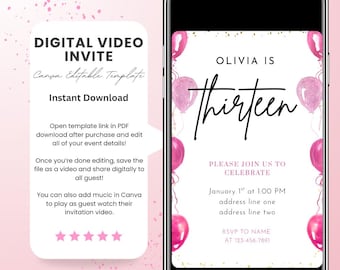 Animated 13th Birthday Evite: DIY Digital Invitation (Canva Template)