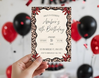 Cheetah Print Birthday Invitation, Leopard Print Birthday Invitation, Red Bow Coquette BDay Party Invite,  Women's or Girls Birthday Invite