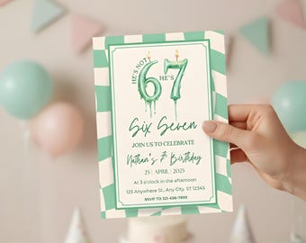 6-7 Birthday Invitation, 67 Birthday Party, Six Seven Birthday Boys 7th Birthday Invitation, Trendy 7th Birthday, Green Retro Birthday