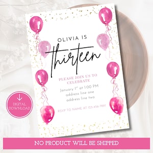 Editable 13th Birthday Invitation, Girls Pink Balloon Invitation Template, Teen Party Printable Digital Invite, Trendy Preppy Girl Invite