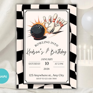 Bowling Birthday Invitation, Kids Birthday Party Invite, Kids Birthday Ideas, Retro Birthday Party at Bowling Alley, Checkered Print BDay