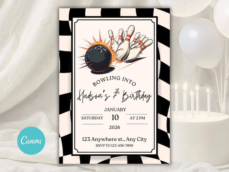 Bowling Birthday Invitation, Kids Birthday Party Invite, Kids Birthday Ideas, Retro Birthday Party at Bowling Alley, Checkered Print BDay
