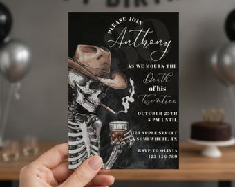 RIP 20’s - Men's 30th Birthday Invitation, Cowboy Whiskey Invite, Death to his 20s Invite, Men's Death to My Youth Party, Editable Template
