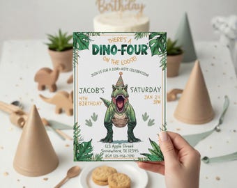 Dinosaurier zum 4. Geburtstagseinladung, bearbeitbare T-Rex-Einladung zum vierten Geburtstag, druckbare Dino-Four On The Loose, 5x7-Vorlage