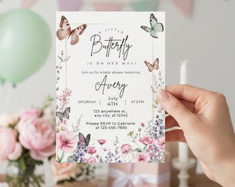 Baby showeruitnodiging vlinder, bewerkbare babyshower uitnodiging meisjes vlinder met vlinders en bloemen, er is een kleine vlinder onderweg