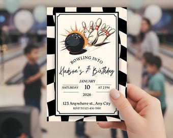 Bowling Birthday Invitation, Kids Bowling Alley Birthday Party Invite, Kids Birthday Ideas, Retro Birthday Party, Checkered Print BDay