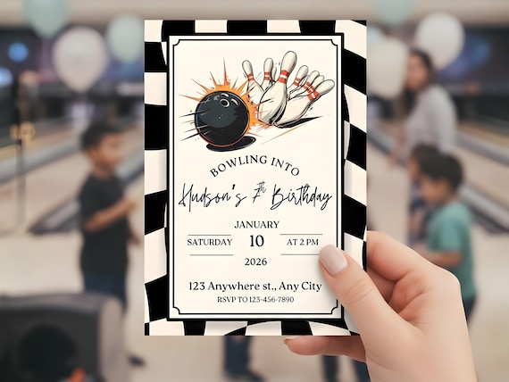 Bowling Birthday Invitation, Kids Bowling Alley Birthday Party Invite, Kids Birthday Ideas, Retro Birthday Party, Checkered Print BDay