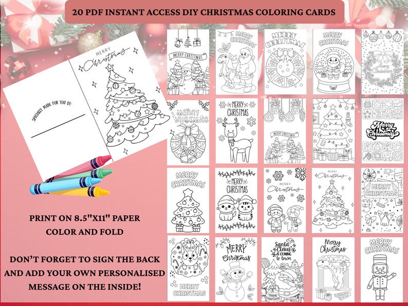 Printable Coloring Cards, 20 Printable Christmas Cart Kit, Christmas Card Bundle for Kids, Printable Holiday Cards for Students