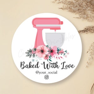 Baked with Love Stickers | Printed Floral Kitchen Mixer Labels | Custom Colors | 3 Sizes Available in Matte & Glossy