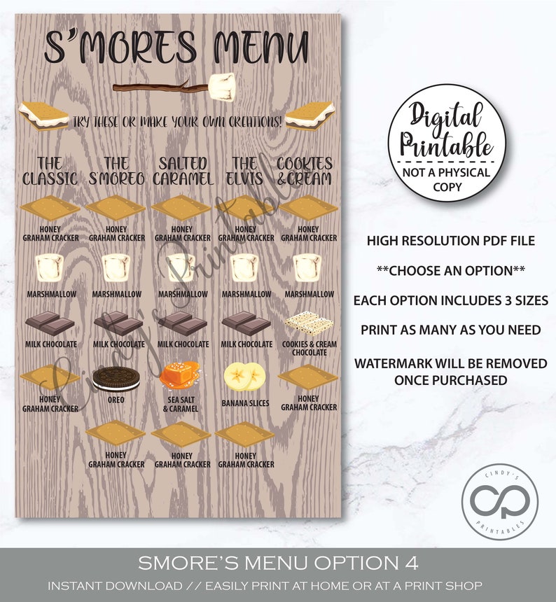 4 S'mores Menu's Printable Smores Bar Sign Smores - Etsy