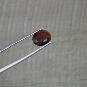 Op de afbeelding: Een ovaal geslepen, donkerrode edelsteen wordt vastgehouden door een zilveren pincet. Het gefacetteerde oppervlak van de edelsteen reflecteert licht, wat de diepe kleur en helderheid benadrukt. De achtergrond is een neutraal, getextureerd oppervlak.