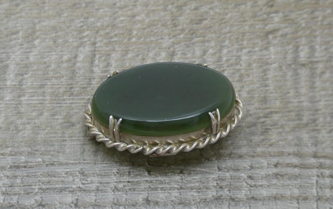 Vintage Mid-century Sterling Silver Natural Nephrite Jade
