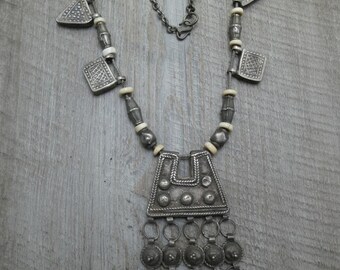 Antique Vintage Silver African Silver Tribal 19" Necklace and Toggle Pendant