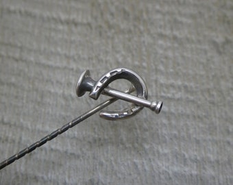 Antique Victorian Sterling Silver Head Horse Shoe & Horn Tie Pin Stick Pin