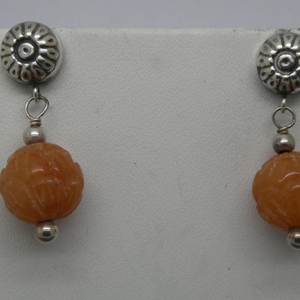 Rare Vintage Carolyn Pollack Relios Sterling Silver Carved Jade Drop Earrings