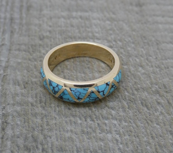 Designer Santa Fe Goldworks David Griego 14k Gold Turquoise Inlay Ring Size O Etsy