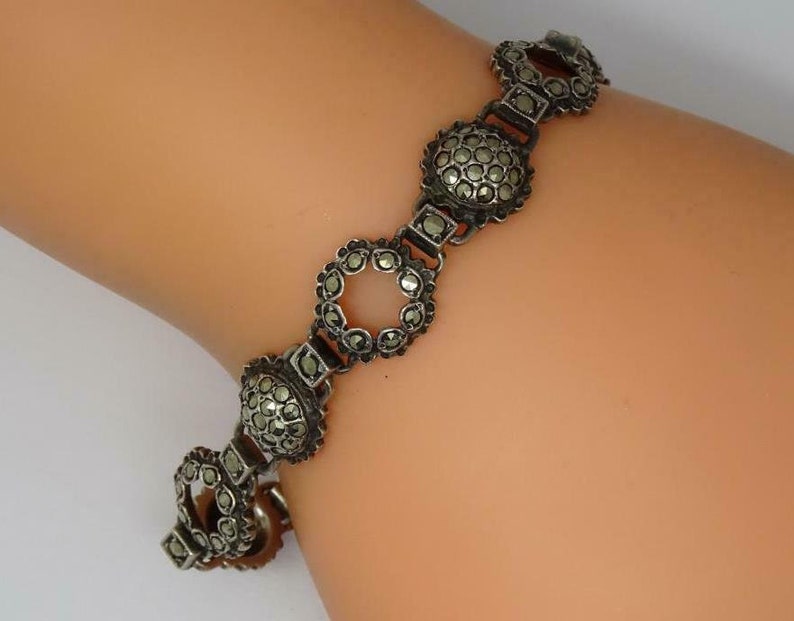 Vintage sterling silver mid-century art deco style 7 marcasite bracelet c1950/'s