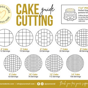 May include: A guide for cutting cakes into 1"x1" portions for weddings. The guide shows different cake sizes from 4" to 14" with the corresponding number of servings. The image includes a graphic of a two-tier cake with a bow.