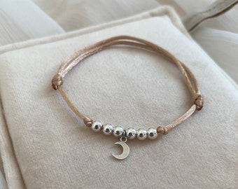 Bracelet DIANA, Bracelet sur cordon, Lune et perles en argent 925