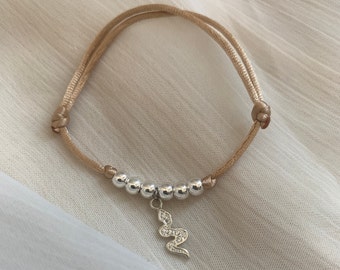 LINDA bracelet, Bracelet on cord, zircon snake and 925 silver beads