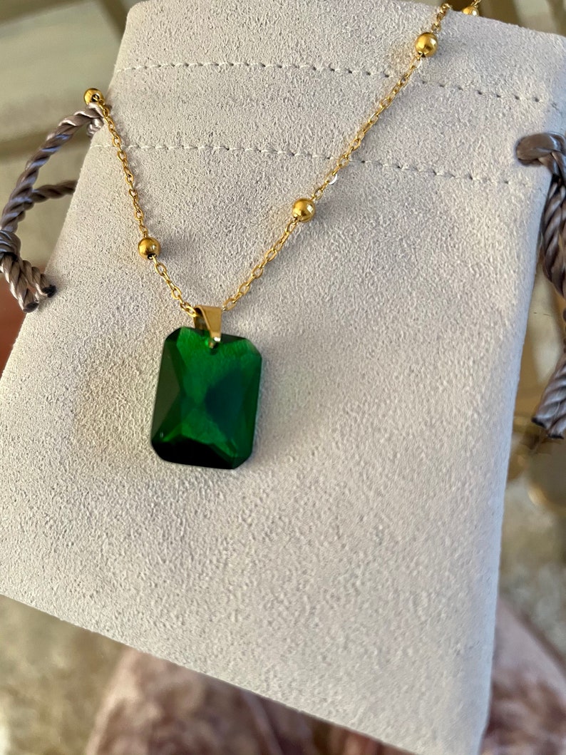 Emerald Green Necklace 18K Gold Chain Necklace Glass Stone Etsy