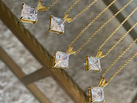 14k Gold Plated Diamond Shape Necklace Cubic Zirconia Necklace