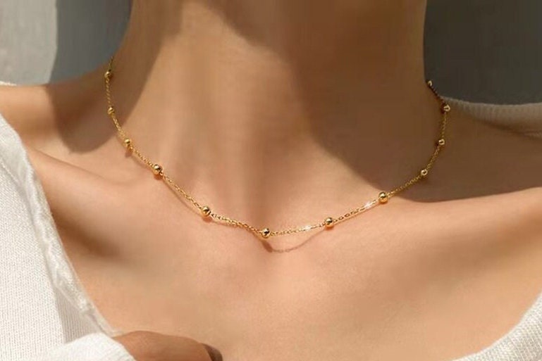 Gold Necklace for Woman Gold Satellite Chain 18K Gold Chain Gold Beaded Chain Gold Ball Chain Minimalist Necklace Woman's Jewellery Gift