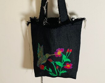 Denim Bag/Humming Bird Denim Print bag/Nature Print Denim Bag/Floral Print Denim Bag/Fashion Tote Bag/Denim Tote Bag/Eco Friendly Bag