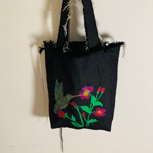 Denim Bag/Humming Bird Denim Print bag/Nature Print Denim Bag/Floral Print Denim Bag/Fashion Tote Bag/Denim Tote Bag/Eco Friendly Bag