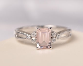 Real natural morganite engagement ring emerald cut sterling silver split band pink stone ring