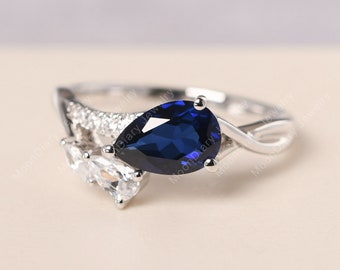 Pear shaped 1.73 carat sapphire ring sterling silver feather ring September birthstone ring