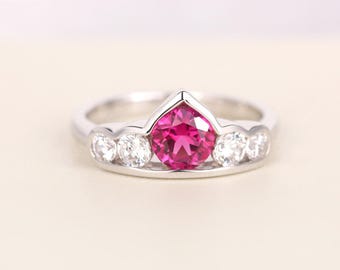 Handgemachte Rubin Vintage Ehering roten Edelstein Rundschliff Sterling Silber Mütter Ring Juli Geburtsstein