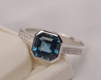 Asscher cut London blue topaz ring bezel setting November birthstone engagement ring for women