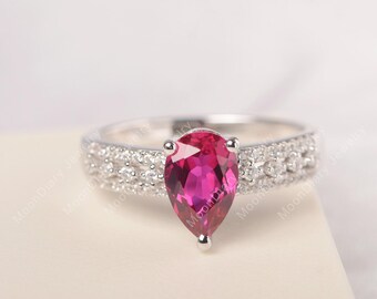 Anillo de cóctel con rubí, oro macizo de 14 quilates, piedra preciosa roja, anillo de promesa, banda dividida única, piedra de nacimiento de julio