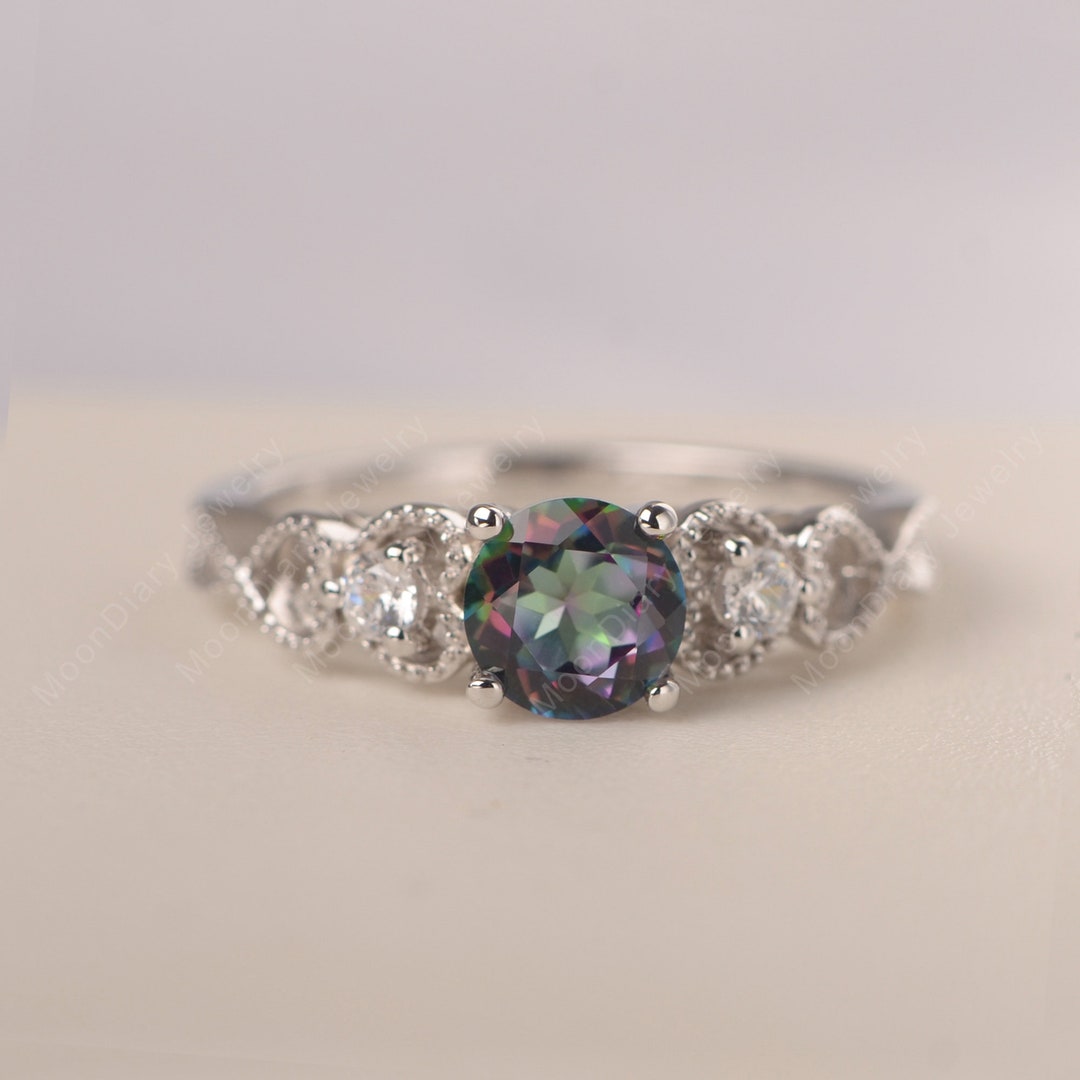 Mystic Topaz Ring Rainbow Gemstone White Gold Round Cut - Etsy