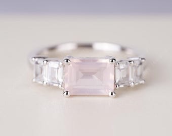 Rose Quartz Statement Ring Emerald Cut Center Stone with Baguette Cut Side Stones Custom Silver Design Ring