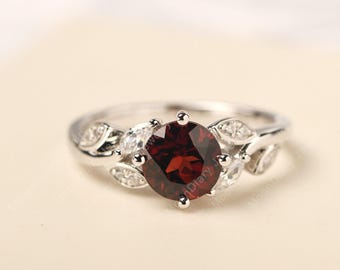 Garnet wedding ring round cut red stone January birthstone twig bridal ring