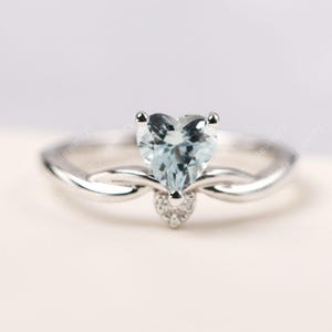 Heart cut 6x6 mm aquamarine anniversary ring silver twist engagement ring March birthstone