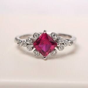 Unique ruby ring sterling silver kite set cluster engagement ring princess cut July birthstone ring