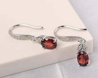 Vintage milgrain garnet wedding ring sterling silver oval cut delicate hook dangle earrings January birthstone