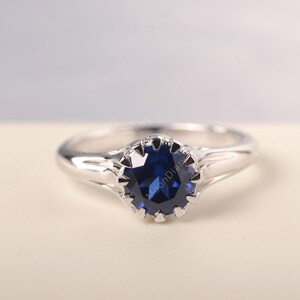 Blue sapphire statement ring sterling silver round shaped blue stone solitaire ring September birthstone