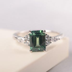 Green sapphire statement ring 14k white gold emerald cut green gemstone rectangle ring