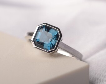 Asscher cut London blue topaz ring silver full bezel setting solitaire engagement ring for women November birthstone
