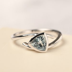 unique design anniversary ring aquamarine minimalist ring 14k white gold bezel set March birthstone