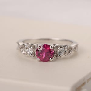 Ruby engagement ring round cut sterling silver delicate wedding ring for women July birthstone