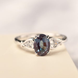 Alexandrite three stone ring oval cut wedding ring solid silver color changing June birthstone